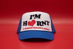 IM H*RNY TRUCKER HATS HAND MADE & MADE TO ORDER LOCATED IN LOS ANGELES, CA  HIGH QUALITY GET YOUR'S TODAY! CAP FEATURES: 100% Polyester Front 100% Nylon Mesh Back 5-panel cap Seamless Foam Front Panel with Lining 8 Rows Stitching on Visor Matching Fabric Under visor Adjustable Plastic Snap Funny Adjustable Trucker Hat For Streetwear, Novelty Adjustable Trucker Hat For Streetwear, Trucker Cap, Beanie Hats, Dark Red, Mousse, Caps Hats, Trucker Hat, Accessories Hats