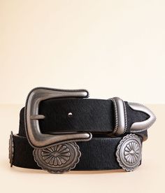 Wrangler® Western Concho Leather Belt - Black Large, Women's Black Embossed metal and fur 1 1/2 leather belt Interchangeable buckle. Due to the nature of leather/suede, small variances of color in the skin may occur, this is in no way considered a defect. These are inherent characteristics of leather/suede and will enhance the individual look of your garment.. Genuine leather. Real Fur: Cow hair. Apparel & Accessories Women Western Belt, Concho Leather Belt, Cool Belts, Western Belts For Women, Black Western Belt, Concho Belts, Cowgirl Belt, Cool Belt Buckles, Womens Belts