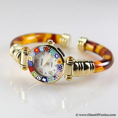 Murano millefiori bangle watch - amber Multicolor Analog Watches For Gift, Multicolor Analog Watches As Gift, Gift Multicolor Analog Watches, Luxury Multicolor Watches For Gifts, Luxury Multicolor Watches For Gift, Luxury Multicolor Watches As Gift, Elegant Multicolor Watches For Gifts, Elegant Multicolor Round Dial Watches, Elegant Multicolor Watches As Gifts