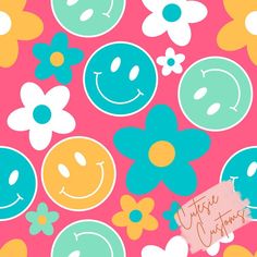 an image of flowers and smiley faces on a pink background