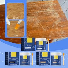 some paint is being used to make a wooden table with yellow and blue colors on it