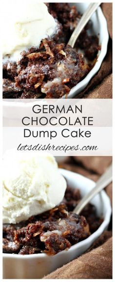 german chocolate dump cake with ice cream on top in a white bowl and brown cloth