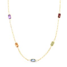 This multicolored gemstone paperclip chain is so fun and vibrant! Get ready for people to be turning their heads to get a glimpse of this eye-catching piece!14K Yellow Gold Garnet, Citrine, Peridot, Blue Topaz, Amethyst Each stone measures: 6 x 4 millimetersChain Length: 17 inchesLobster Clasp Royal Chain, Semi Precious Necklace, Paperclip Necklace, Rainbow Gemstones, Gold Polish, Metal Bracelets, 14kt Gold, Chain Bracelet, Blue Topaz