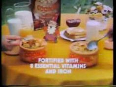 an old tv screen showing food and drinks on a yellow table with the caption fortted with essential vitamins and iron