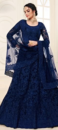 Engagement, Festive, Reception Blue color Net fabric Lehenga : 1636868 Pakistani Blue Dress, Dark Blue Indian Dress, Walima Dress Colours, Blue Lehngas, Royal Blue Engagement Dress, Long Gown Design For Wedding, Blue Indian Dress, Dark Blue Lehenga, Long Frok