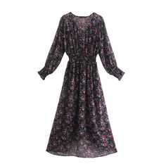 Black Long Sleeve Dress With Floral Print, Black Long Sleeve V-neck Dress For Fall, Black Long Sleeve V-neck Dress For Summer, Floral Print V-neck Dress For Fall, Black Long Sleeve V-neck Dress For Spring, Black V-neck Long Sleeve Dress For Spring, Black V-neck Long Sleeve Summer Dress, Multicolor V-neck Winter Dress, Elegant Black Long Sleeve Floral Dress