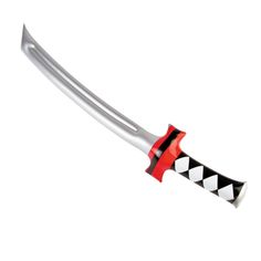 a red and black checkered knife with a long blade on it's end