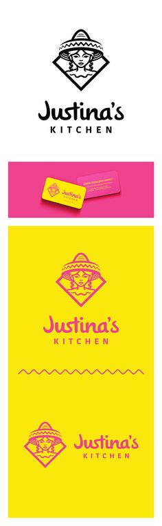 the logo for justina's kitchen is shown in three different colors and sizes