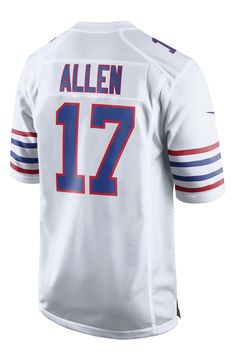 The enthusiasm you show for the Buffalo Bills is unmatched by anyone you know. Now take your loyalty to the next level by wearing this Josh Allen Game jersey from Nike. This Buffalo Bills jersey is like the one Josh Allen wears out onto the field and features his number on the front and back. It's the perfect jersey to wear on game days! Fit: Men's Nike Game Jerseys fit true to size. We recommend ordering one size larger than you normally wear for a looser fit or up two sizes if you plan on laye Nike Football Season Jersey With Team Name, Nike Jersey With Team Name For Football Season, Nike Football Season Jersey With Team Logo, Nike Football Season Jersey, Nike Sports Season Jersey For Fans, Nike Sports Fan Jersey, Nike Sports Jersey For Sports Season, White Nike Jersey For Fan Gear, Nike White Jersey For Fan Gear