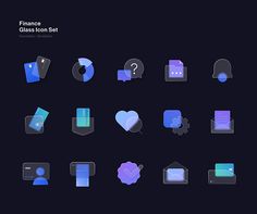 a set of flat design icons with rounded shapes and shadows on a dark background,