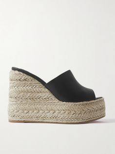 Christian Louboutin's 'Ariella Zeppa' mules have 130mm wedge heels wrapped in braided raffia, giving them an espadrille-inspired feel. They're crafted from smooth black leather and have (red, of course) rubber soles. Louboutin Wedges, Wedge Mules, Wedge Espadrilles, Christian Louboutin Women, Black Espadrilles, Leather Espadrilles, Black Wedge Sandals, Leather Wedge Sandals, Platform Wedge Sandals