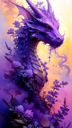 a painting of a purple dragon with flowers in the foreground and clouds in the background