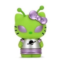 a green hello kitty toy with a purple bow on it's head and eyes