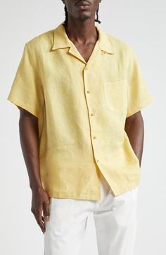 A relaxed silhouette underscores the easygoing aesthetic of this camp shirt crafted of linen that's been dyed using artisanal botanical dye. 28 1/2" length; 44" chest (size 48EU) Front button closure Convertible collar Short sleeves Chest patch pocket 100% linen Hand wash, line dry Made in France Designer Clothing Easygoing Aesthetic, Botanical Dye, Convertible Collar, Botanical Dyeing, Camp Shirt, Camping Shirt, Chest Size, Pomegranate, Made In France