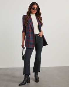 Warm up with this wear-now, versatile style. The Jettie Plaid Blazer comes double breasted in a slightly oversized fit with inner lining, faux flap pockets and front button closures. Wear it over knit tops and with jeans or a skirt. Slightly oversized Notched lapel Plaid print Faux flap pockets Button closures Self: 98% Polyester 2% Spandex, Lining: 100% Polyester Plaid Jacket Outfit, Red Plaid Blazer, Plaid Blazer Outfit, Jeans Outfit For Work, Blazer Outfit, Retro Glasses, Blazer With Jeans, Knit Tops, Plaid Blazer