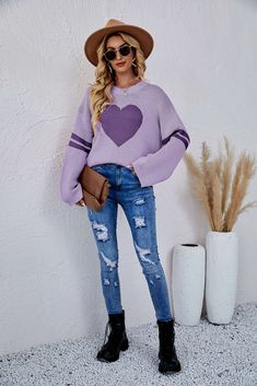 Get cozy and cute with our Heart To Heart Pullover Knit Sweater. This playful sweater features a heart design, making it perfect for spreading love and warmth. Stay stylish and comfortable with this unique and quirky addition to your wardrobe. Add some heart to your look today! Size Guide: Model is 5’62” tall, and has a 32.6” bust, 24.2”waist, & 35.9” hips. She is wearing a S / US 4 / AU 8. This top is true to size. Feature: Mock Neckline. Drop shoulders. Long Sleeves. Soft Knit Fabric. Front he Love Sweater, Heart Graphic, Purple Gray, Knitted Pullover Sweaters, Fabric Names, White Beige, Retro Outfits, Red Purple, Women Pullover