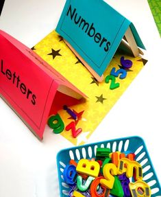 two baskets filled with letters next to each other