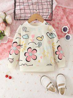 1pc Young Girl Casual Resort Daisy, Butterfly & Dopamine Print Striped Crew Neck Basic Tee, Summer Apricot Casual  Long Sleeve Fabric Cartoon,Floral,Heart Pullovers Slight Stretch  Young Girls Clothing, size features are:Bust: ,Length: ,Sleeve Length: Floral Heart, Round Neck Sweatshirts, Tops Fall, Girl Sweatshirts, Girls Fashion Clothes, Kids Prints, Inspiration Mode, Clothing Size Chart, Womens Clothing Sizes