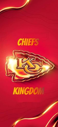 the kansas chiefs logo is shown on a red background with shiny gold lines and lights