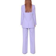 Long single-breasted jacket with a classic collar and long neckline. The delicate shoulder line and slightly emphasized waist add femininity and elegance to the design. The bottom is finished with a straight line with slightly rounded tails. Interesting decorative elements are two pairs of pockets, with and without a flap. Wear it with wide Suzzie trousers or Nancy shorts.  For the best fit, please refer to the detailed table of our sizes, which you can find in the Size Guide tab and our detaile Elegant Lavender Long-sleeve Blazer, Elegant Long Sleeve Lavender Blazer, Elegant Lavender Long Sleeve Blazer, Elegant Lavender Blazer For Spring, Lavender Formal Outerwear For Spring, Formal Lavender Outerwear For Spring, Lavender Outerwear For Formal Spring Events, Elegant Lavender Blazer For Work, Elegant Purple Pantsuit For Work