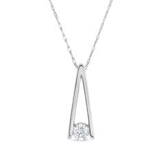 Perfect your everyday look with the sleek design of this shimmering diamond solitaire inverted "V" pendant. Fashioned in cool 10K white gold The 1/10 ct. round diamond solitaire sparkles between the ribbons of the inverted "V"-shaped design. This pendant suspends along an 18.0-inch rope chain that secures with a spring-ring clasp. Modern Diamond Solitaire Necklace For Formal Occasions, Modern Solitaire Diamond Necklace For Formal Occasions, Modern Round Diamond Necklace With Single Diamond, Modern Diamond Necklace With Diamond Cut, Modern Solitaire Necklace With Single Round Cut Diamond, Modern Round Solitaire Necklace With Diamond Cut, Modern Diamond Solitaire Necklace, Modern Solitaire Round Diamond Necklace, Modern Solitaire Necklace With Round Cut Diamond