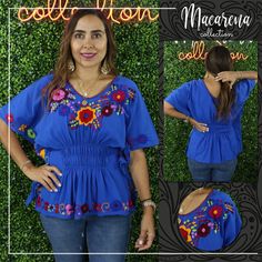 This beautifully embroidered Mexican huipil blouse short sleeves. It is hand woven with hand embroidered flowers around the neck and the wrists. Each flower is unique and colorful. This comfortable ethnic shirt will be one of your favorites. About Our Items: Each one of our items is handmade/hand woven by Indigenous communities of Chiapas and Oaxaca in Mexico. Great care has been taken to ensure the quality and uniqueness of each item we sell.  Our items are made of cotton. Each flower on each i Blue Embroidered Short Sleeve Shirt, Spring Short Sleeve Blouse With Multicolor Embroidery, Multicolor Embroidered Short Sleeve Blouse For Spring, Embroidered Short Sleeve Tops For Vacation, Spring Multicolor Embroidery Short Sleeve Tops, Casual Embroidered Short Sleeve Blouse, Casual Short Sleeve Blouse With Multicolor Embroidery, Blue Embroidered Short Sleeve Top For Spring, Blue Short Sleeve Embroidered Top For Spring