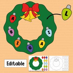 a christmas wreath with letters and numbers to make it look like an ornament