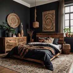 a bedroom with black walls and wooden furniture