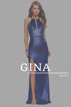 a woman in a blue dress with the word gina on it and an image of her