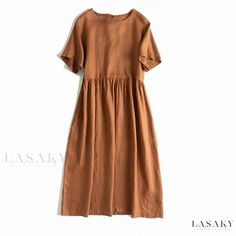 Lasaky - Chic and Minimalist Linen Cotton Dress with Artistic Round Neck, Belted Waist, and Flowy Hemline Classic Linen Dress, Summer Casual Outfits, Linen Dress Summer, Minimalist Dress, Women Summer Casual, Luoyang, Dress Sleeve Length, Elegant Party Dresses, Cotton Linen Dresses