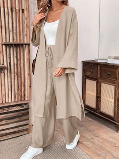 Women Linen Loose Casual 2 Piece Set: Long Jacket And Wide Leg Pants, Autumn Khaki Casual    Plain  Non-Stretch  Women Clothing, size features are:Bust: ,Length: ,Sleeve Length: Casual Abaya, Drop Shoulder Shirt, Chiffon Scarf, Pantalon Large, Linen Women, Two Piece Outfit, Maternity Bag, Straight Leg Pants, Womens Scarves