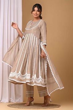 Beige kalidaar anarkali with front yoke pintuck pleat and lace embellishment. Paired with coordinating pant and dupatta. - Aza Fashions Kurta And Dupatta, Dupatta Set, Lace Neckline, Stylish Dress Designs, Pants Pattern, Pant Set, Pin Tucks, Dress Designs, Set For Women