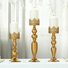 Set of 3 | Antique Gold Lace Hurricane Glass Pillar Candle Holders - 12inch/14inch/17inch Affordable Centerpieces, Candelabras Wedding, Glass Candle Holders Centerpiece, Votive Candle Stand, Manzanita Centerpiece, Chandelier Candle Holder, Candle Table Centerpieces, Glass Pillar Candle Holders, Beaded Candle