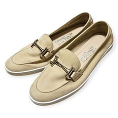 Salvatore Ferragamo Suede Horsebit Slip On Flat Loafer -Cream -Gold Color "Horsebit" Detail On Foot -Leather -Woman's Size 6 -Preloved. Good Condition. Discoloration On Bottoms Of Shoes. Designer Logo, Ferragamo Shoes, Cream And Gold, Shoe Game, High Quality Leather, Salvatore Ferragamo, Flat Shoes Women, Loafer Flats, Leather Women