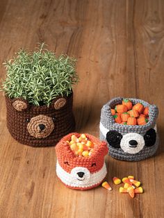 three crocheted baskets with carrots and vegetables in them on a wooden surface