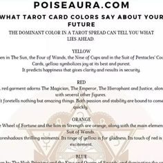 an orange and white poster with the words, poiseaura com what tarot colors say about your life ahead