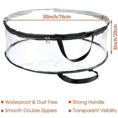 an image of a clear plastic container with straps on the side and measurements for it