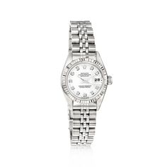 Pre-Owned Rolex Datejust Women's 26mm Automatic Stainless Steel, 18kt White Gold Watch. C. 2000. Experience the renowned luxury of a pre-owned Rolex with this Datejust women's watch. The timepiece features Swiss automatic movement, synthetic sapphire crystal, 26mm case, 18kt white gold bezel, white dial with diamond markers, and stainless steel crown and jubilee bracelet with a foldover clasp. Water-resistant up to 100M. Pre-owned Rolex stainless steel and 18kt white gold watch. Ross-Simons is n Rolex Datejust Women, White Gold Watch, Rolex Date, Pre Owned Rolex, Baby Life, Women's Watch, White Dial, Rolex Datejust, 100m