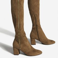 A Stretch-To-Fit Thigh-High Boot Featuring A Block Heel, Non-Functional Outer Zipper Detail, And Inner Zipper Closure. Material: Faux-Suede Features: Sd Dream Sole - Double The Padding For Comfort, Support, And Ease Of Movement Calf Circumference: Based On Size 8 With 14" Shaft Point; Reg: 16.3''-16.5'', Wc: 18.3''-18.5'' Outside Heel Height: 3" Closure: Functional Inside Zipper Shaft Height: 22" Color: Dark Olive Night *** All Shoes Are Mailed Without Original Box****** If You Need A Box, Pleas Flat Riding Boots, Thigh High Heels, Quilted Boots, Black Thigh High Boots, Burgundy Boots, Wide Width Boots, Mom Outfit, Black Thigh High, Thigh High Boots Heels