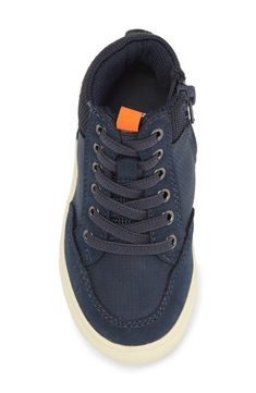 Pull a stylish kids' look together with this faux leather high top sneaker that features elasticized laces to save time and energy. Side zip closure; elastic laces Synthetic and textile upper and lining/rubber sole Imported Navy Peacoat, Leather High Tops, Elastic Laces, Stylish Kids, Save Time, Size 13, High Top, Bootie, Side Zip