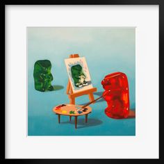 an art work with a red object in the foreground and green objects in the background