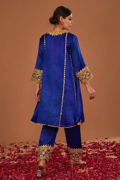 Navy blue silk anarkali with gota, sequins and pearls hand embroidery. Comes with salwar and an organza dupatta. - Aza Fashions Festive Katan Silk Salwar Kameez With Dabka Embroidery, Festive Katan Silk Churidar With Dabka Details, Party Kurta With Cutdana In Dola Silk, Festive Katan Silk Churidar With Dabka, Festive Dabka Churidar In Katan Silk, Party Wear Unstitched Cutdana Kurta, Unstitched Cutdana Kurta For Party, Unstitched Party Kurta With Cutdana, Katan Silk Churidar With Dabka Work For Diwali