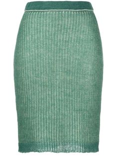 jade green/yellow mohair blend jersey knit layered design mid-rise ribbed waistband straight hem knee-length Green Midi Skirt Bottoms For Winter, Green Knee-length Bottoms, Fitted Knee-length Knit Skirt, Fitted Knit Knee-length Skirt, Green Knee-length Fall Skirt, Green Knee-length Skirt For Fall, Knee-length Green Skirt For Fall, Green Knee-length Skirt For Workwear, Green Pencil Skirt For Workwear In Fall