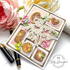 a happy mother's day card with flowers and cookies