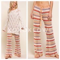 These Crochet Pants Are Everything. You Need Them In Your Life. I Sure Do So I Kept A Pair For Myself. Festival, Gypsy, Boho, Beach, Boat, Pool, Lake, Date, Lounge Or Whatever You May Do, Take These Super Soft Haute Hippie Pants With You. Pol Crochet Beach Pants Semi Sheer Open Weave Multi Color Strips Self Tie Drawstring Waist With Tassel Pulls Flare Leg Finished With Scalloped Hemline 100% Acrylic Fit Note: They Have A Snug Fit & Only A Little Stretch. Flat Lay Measurements Small Waist 16” Unt Multicolor Bottoms For Fall Vacation, Multicolor Fall Vacation Bottoms, Multicolor Loungewear Bottoms For Fall, Multicolor Bottoms For Fall Loungewear, Multicolor Bottoms For Loungewear In Fall, Fitted Bottoms For Fall Vacation, Crochet Flare Pants, Lake Date, Crochet Beach Pants