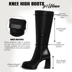 These stylish Black Knee High Faux Leather Platform Style Boots feature a four-inch wedge for elevated comfort. The platform and treaded sole provide excellent traction and support, making them perfect for dressing up or hitting the streets. Rubber sole {Measurements of Platform Boots for Women} Heel Measures approximately 9.5cm / 3.7", platform Height 2.5 cm/0.98". Fitted Platform Boots With Round Toe For Streetwear, Fitted Round Toe Platform Boots For Streetwear, Fitted Platform Boots For Streetwear, Medium Width High Heel Platform Boots For Streetwear, Streetwear High Ankle Platform Boots, Fitted Platform Boots For Winter Streetwear, Winter Streetwear Fitted Platform Boots, Fitted Faux Leather Platform Boots With Round Toe, Fitted Platform Boots With Reinforced Heel And Round Toe