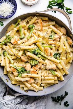 pasta with chicken and broccoli in a skillet