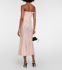 Bow Detail Lace Gown in Pink - Alessandra Rich | Mytheresa Feminine Lace Dress With Sweetheart Neckline And Ruffles, Elegant Lace Dress With Sweetheart Neckline And Ruffles, Feminine Ruffled Lace Evening Dress, Pink Ruffled Strapless Dress For Formal Occasions, Formal Pink Ruffled Strapless Dress, Formal Pink Strapless Dress With Ruffles, Formal Feminine Lace Dress With Ruffles, Pink Strapless Ruffle Dress For Gala, Pink Strapless Dress With Ruffles For Gala