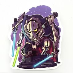 a sticker with a cartoon character holding two lightsabes on it's back