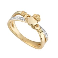 14K Gold Diamond Claddagh Crossover Ring - S21065 - CladdaghRING.com Claddagh Symbol, Gold Claddagh Ring, Hinged Ring, Crossover Ring, Claddagh Ring, Malachite Pendant, Diamond Face, Claddagh Rings, Irish Jewelry